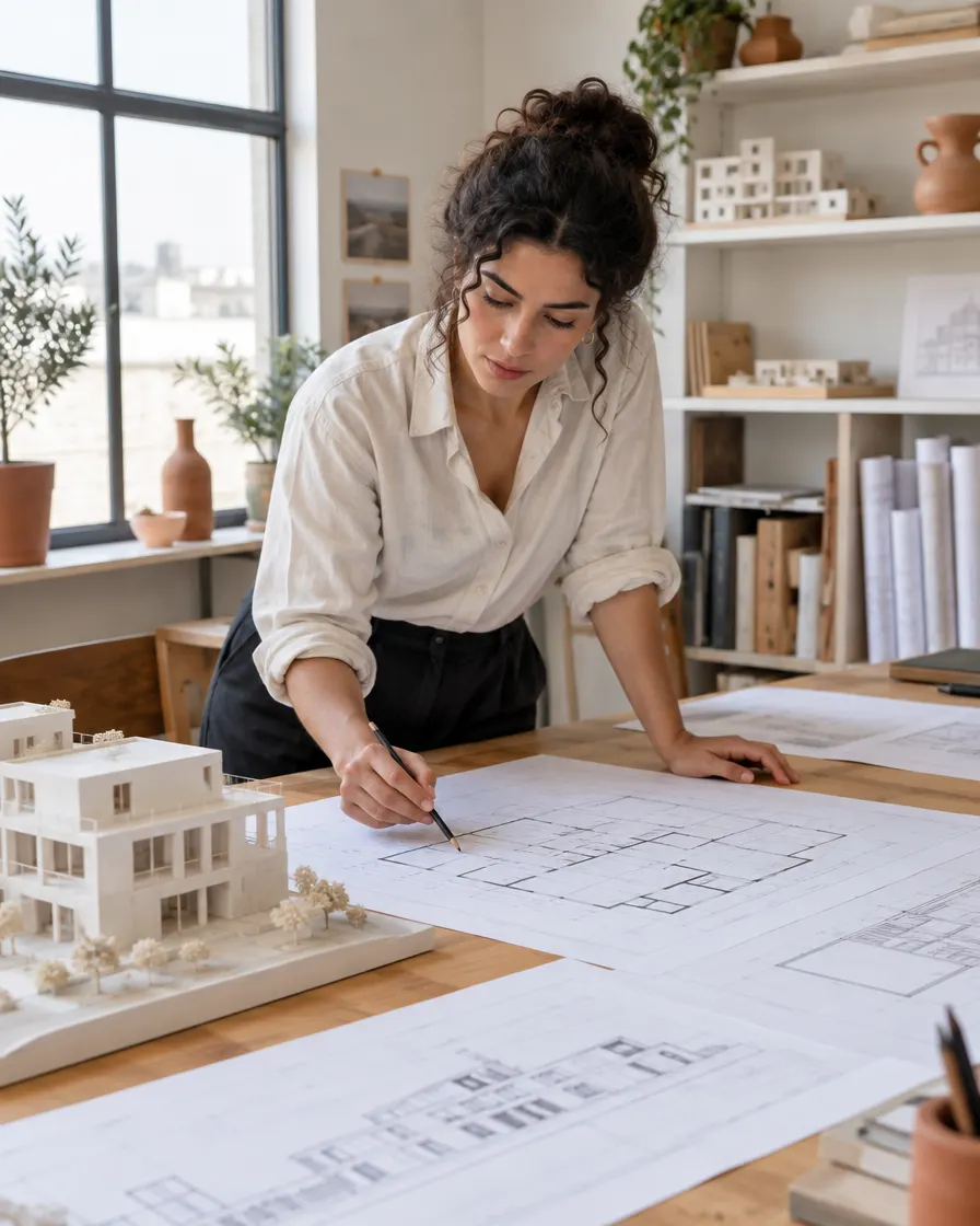 An architect leans over a studio table marking building floor plans beside a scale model