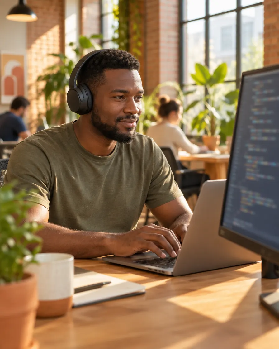 A software engineer wearing headphones codes on a laptop in a sunny co-working space