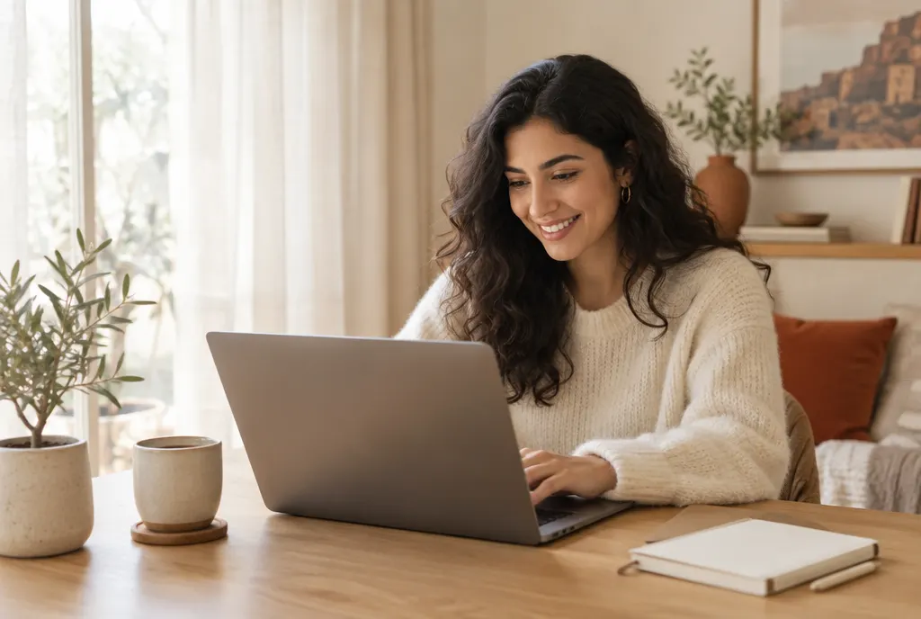 A smiling young woman works on her laptop at a wooden desk in a bright home office