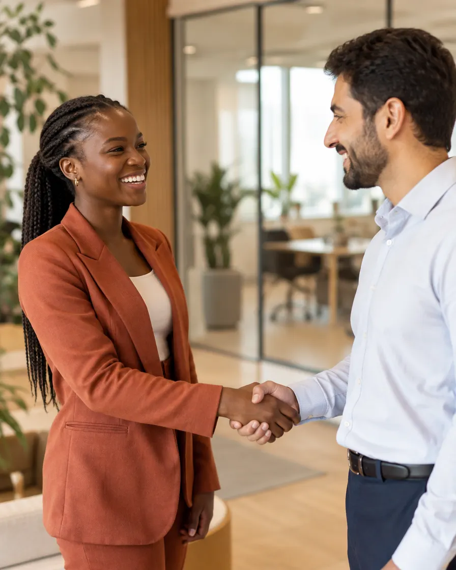 A smiling candidate shakes hands with an interviewer in a bright office after a job offer